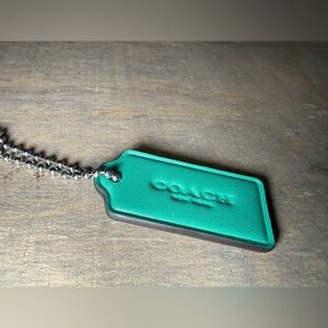 Coach Teal Leather Tag Charm with Silver Chain